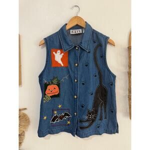 90s Denim Black Cat Halloween Button Up Tank